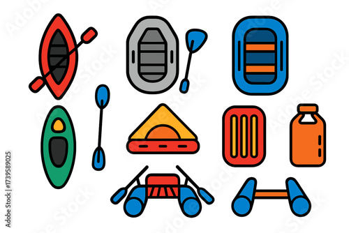 Inflatable Craft Icons. Flat vector icons of inflatable crafts: inflatable kayak, dinghy, towable tube, inflatable raft, stand-up