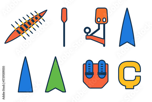 Colorful Rowing Icons. Flat vector icons of rowing shells: eight-oared shell, scull oar, sliding seat, rigger, stern, bow,