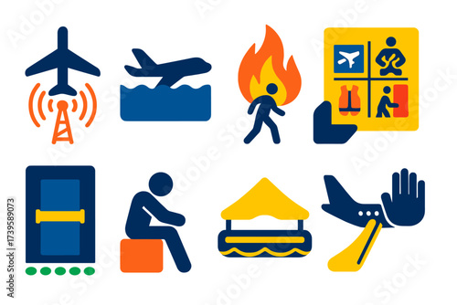 Emergency Procedure Icons. Flat vector icons of emergency procedures: mayday call, ditching icon, fire drill, passenger briefing