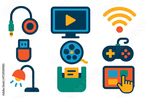 Inflight Entertainment Icons. Flat vector icons of inflight entertainment: headphone jack, video screen, Wi-Fi icon, USB port,