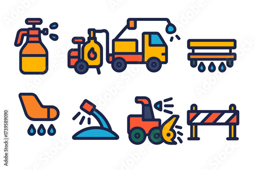 De-Icing Equipment Icons. Flat vector icons of de-icing equipment: de-icing fluid sprayer, heated LPG cart, glycol truck, runway