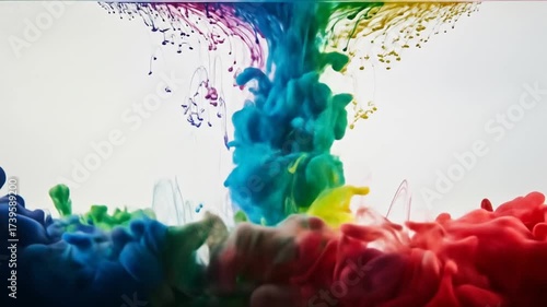 Vivid liquid rainbow ink swirling underwater as vibrant pigments descend and merge in slow motion against a bright white background creating mesmerizing abstract patterns