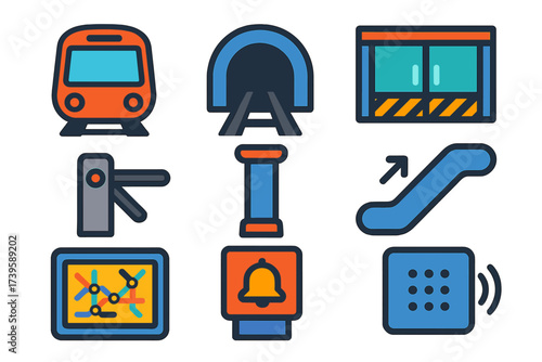 Metro Components Icons. Flat vector icons of metro components: subway train, tunnel entrance, platform screen door, turnstile,