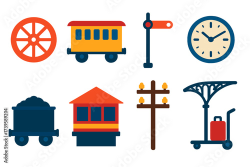 Historic Railway Icons. Flat vector icons of historic railways: steam engine wheel, vintage coach, railway semaphore, station