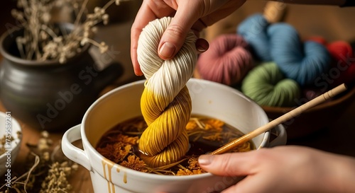 Hands dyeing yarn in a pot with natural dyes, creating vibrant colors for crafting.