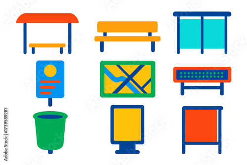 Modern Transit Icons. Flat vector icons of transit shelters: canopy roof, seating bench, glass wall, information panel, map