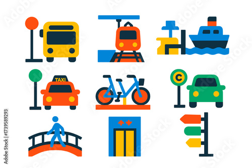 Intermodal Hub Icons. Flat vector icons of intermodal hubs: bus bay, train platform, ferry dock, taxi rank, bike share stand, car