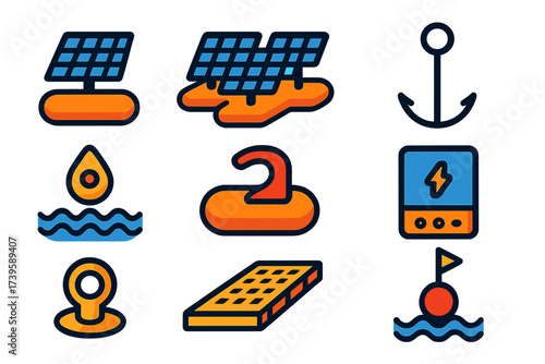 Floating Solar Icons. Flat vector icons of floating solar: pontoon panel, floating array, anchor line, water sensor, pontoon clamp