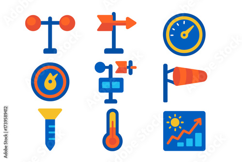 Weather Instrument Icons. Flat vector icons of weather instruments: anemometer, wind vane, barometer, hygrometer, weather station,