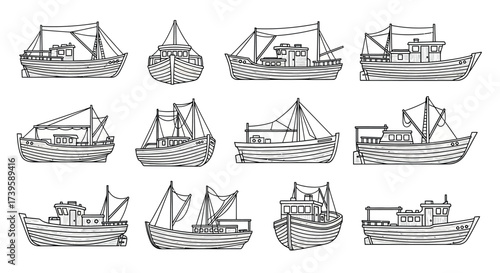 Collection of hand-drawn fishing boats and trawlers in various styles and perspectives vector
