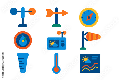 Weather Instrument Icons. Flat vector icons of weather instruments: anemometer, wind vane, barometer, hygrometer, weather station,