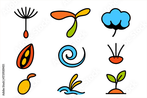 Colorful Seed Icons. Flat vector icons of airborne seeds and pollen: dandelion seed, maple helicopter, cotton fluff, pollen grain,