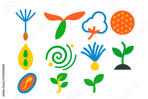 Colorful Seed Icons. Flat vector icons of airborne seeds and pollen: dandelion seed, maple helicopter, cotton fluff, pollen grain,