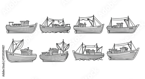 Collection of eight detailed sketches of fishing boats set isolated on vector