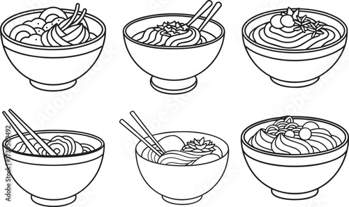 Collection of ramen bowl outline vector illustration line art
