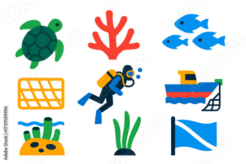 Ocean Conservation Icons. Flat vector icons of ocean conservation: sea turtle, coral fragment, fish school, plastic net, scuba