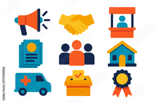Community Outreach Icons. Flat vector icons of community outreach: megaphone, handshake, information booth, flyer stack, group