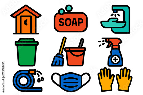 Sanitation Project Icons. Flat vector icons of sanitation projects: latrine, soap bar, handwashing station, waste bin, mop bucket,