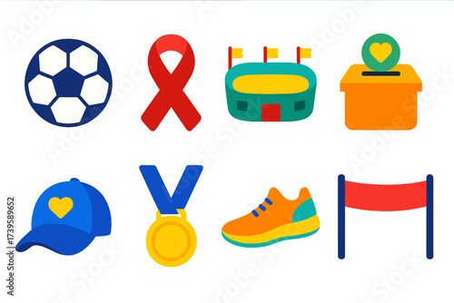 Charity Sports Icons. Flat vector icons of sports for charity: soccer ball, ribbon, stadium, donation box, volunteer cap, medal,