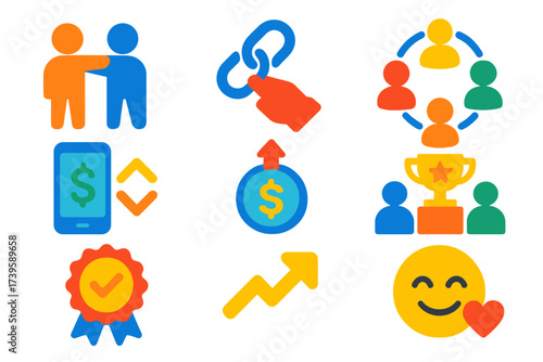 Peer-to-Peer Giving Icons. Flat vector icons of peer-to-peer giving: friend invite, shared link, group circle, split payment,