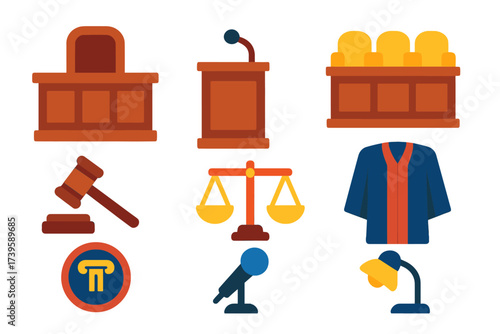 Courtroom Essentials Icons. Flat vector icons of courtroom essentials: judge bench, witness stand, jury box, gavel, scales of