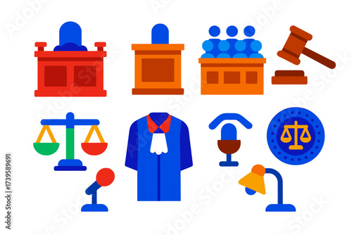 Courtroom Essentials Icons. Flat vector icons of courtroom essentials: judge bench, witness stand, jury box, gavel, scales of