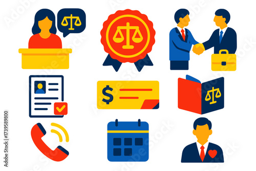 Legal Aid Icons. Flat vector icons of legal aid services: advice desk, pro bono badge, lawyer handshake, intake form, service