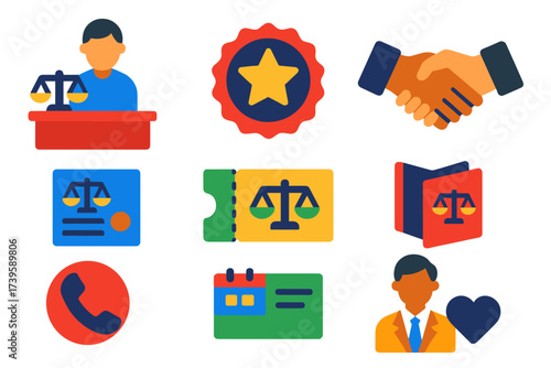 Legal Aid Icons. Flat vector icons of legal aid services: advice desk, pro bono badge, lawyer handshake, intake form, service