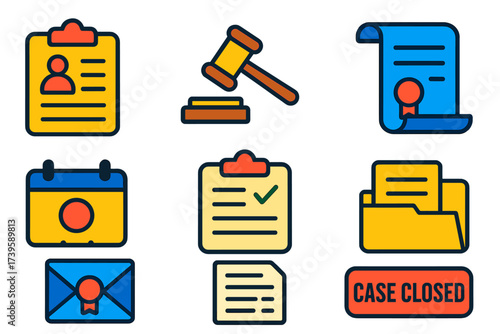 Modern Court Icons. Flat vector icons of court procedures: arraignment docket, bail hearing gavel, plea entry form, motion hearing
