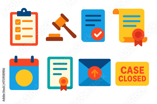 Modern Court Icons. Flat vector icons of court procedures: arraignment docket, bail hearing gavel, plea entry form, motion hearing