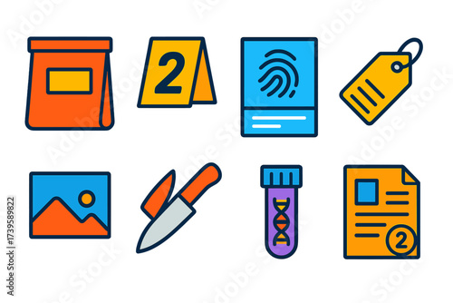 Trial Evidence Icons. Flat vector icons of trial evidence: evidence bag, exhibit marker, fingerprint card, photo exhibit, physical