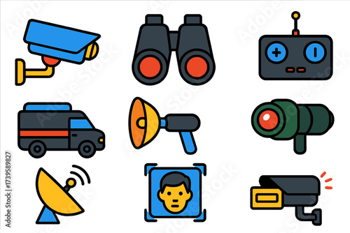 Vibrant Surveillance Icons. Flat vector icons of surveillance: CCTV camera, binoculars, drone controller, stakeout van, listening