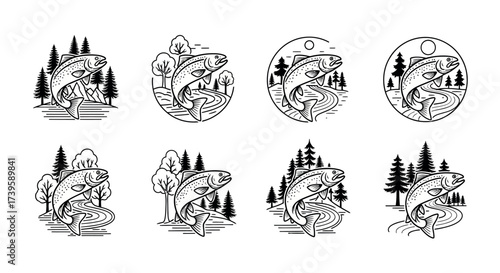 Set of eight circular wilderness scenes featuring wildlife and nature elements in a sketchy style vector