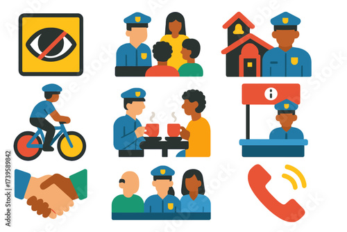 Community Policing Icons. Flat vector icons of community policing: neighborhood watch sign, community meeting, school visit, bike
