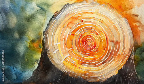 A vibrant watercolor painting of a tree stump, showcasing intricate rings and vivid colors that illustrate nature's beauty.