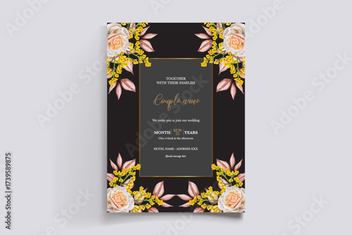 WEDDING INVITATION FRAME WITH FLOWER DECORATIONS AND FRESH LEAVES