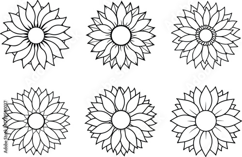 Collection of sunflower outline vector illustration line art
