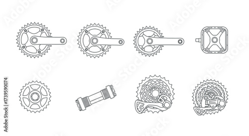 Detailed hand drawn bicycle crankset components showing different views and angles vector