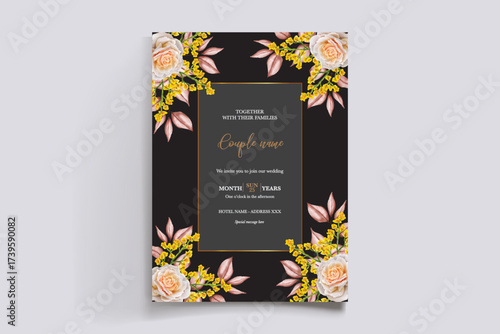 WEDDING INVITATION FRAME WITH FLOWER DECORATIONS AND FRESH LEAVES