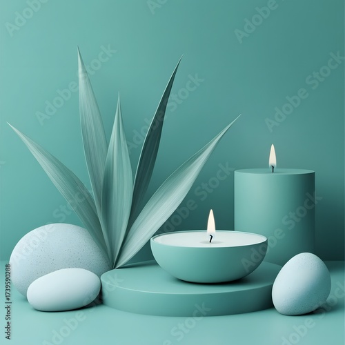 Serene Spa Candles Teal Leaves Stones Minimalist Still Life