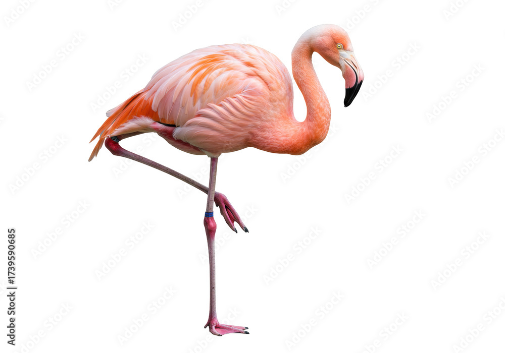 Fototapeta premium Pink flamingo standing on one leg isolated PNG, tropical bird with vibrant plumage on transparent background