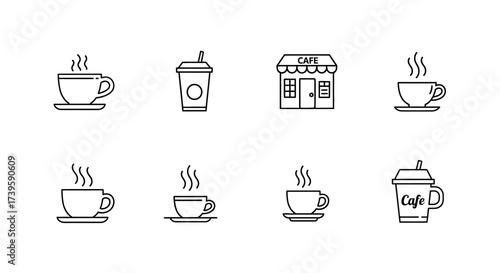 Hand drawn coffee shop icons set featuring cups drinks and storefront for cafe branding and design vector