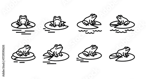 Collection of eight simple line art frog poses on lily pads in water vector