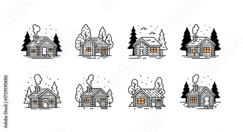 Collection of hand-drawn cabin and house sketches with trees and smoky chimneys vector