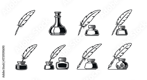 Collection of quill pens and inkwells symbolizing classic writing and literature vintage style vector
