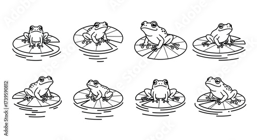 Collection of whimsical hand-drawn frogs perched on lily pads in various playful poses vector