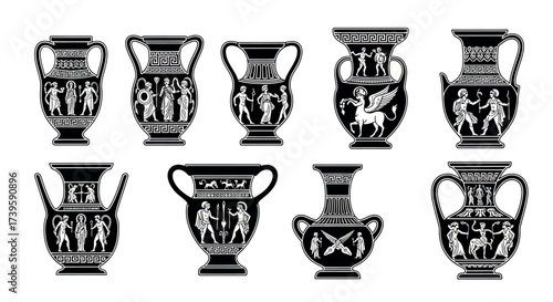 Collection of ancient greek ceramic pottery vases with mythological scenes and figures vector