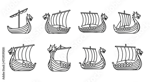 Collection of viking longships depicting historical nautical adventure and exploration vector