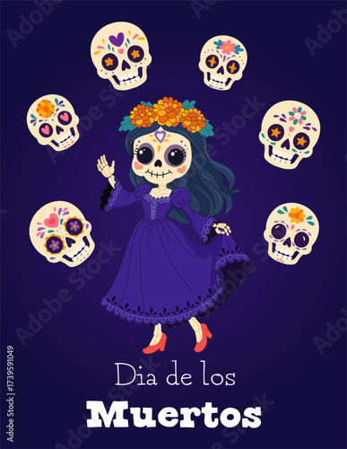 Catrina surrounded by sugar skulls on Day of the Dead poster