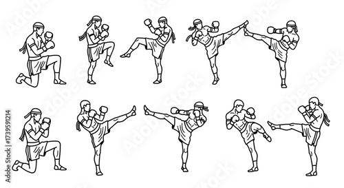 Dynamic muay thai fighter poses showcasing kicks and defensive stances in sketch style vector